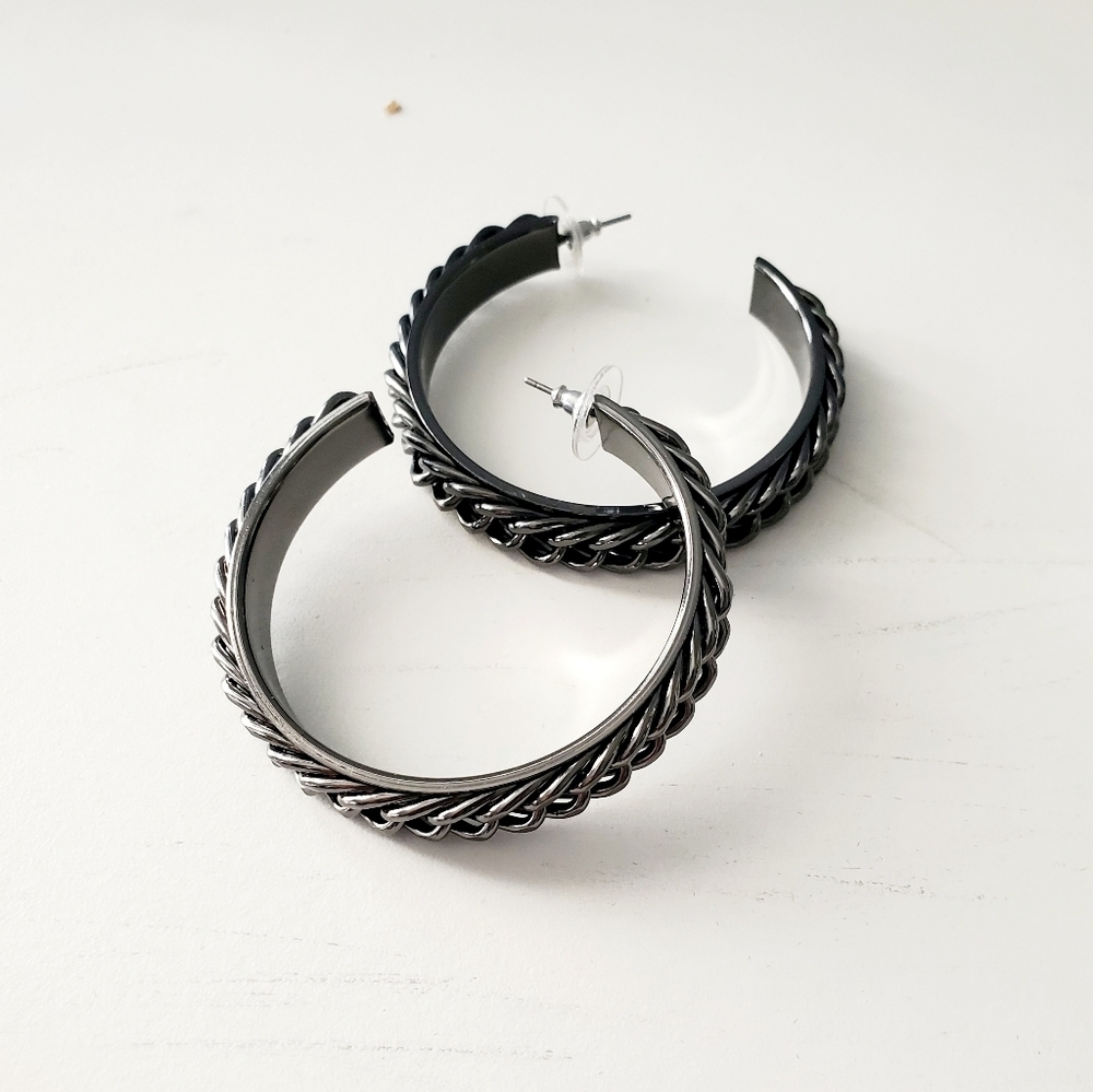 RJ Graziano Pewter Colored Braided Hoop Earrings